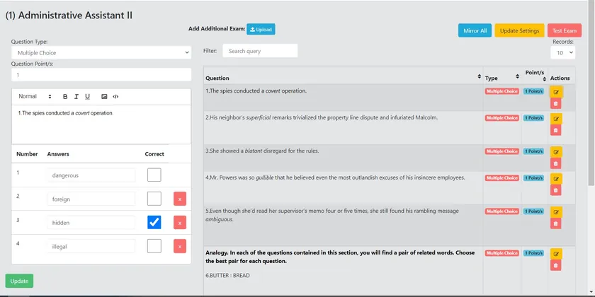 Exam builder for a technical exam, with multiple-choice questions, answers and the correct answer marked.