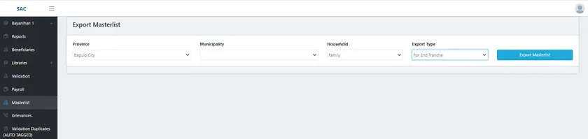 Masterlist export form with province, municipality, household and export type filters.