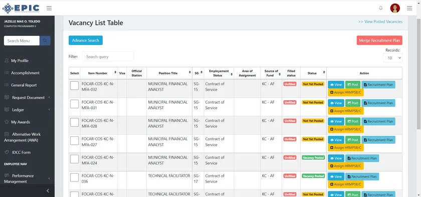 HR vacancy list table with status labels and actions for each position.