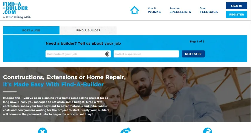 Find-A-Builder home page with 'Post a job' and 'Find a builder' tabs.