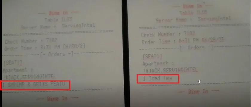 Two printed kitchen tickets from the same order, one for the food and one for the drink.