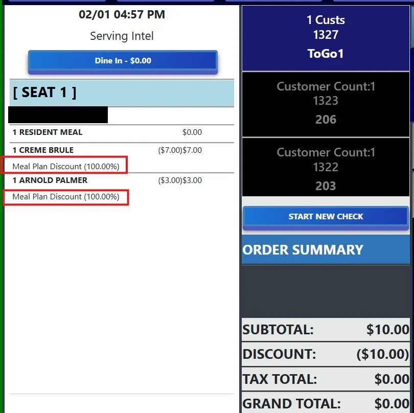 Point-of-sale check where a meal plan discounts a dessert and a drink by 100%, bringing the total to $0.00.