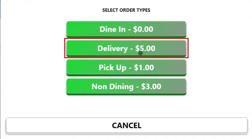 Order type picker with Dine In, Delivery, Pick Up and Non Dining.