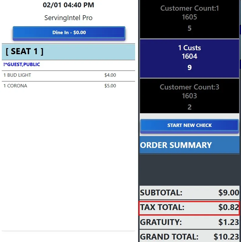 Guest check with two beers, showing a tax total of $0.82.