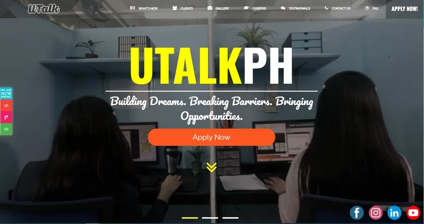 UTalk Philippines home page hero with an 'Apply now' button.